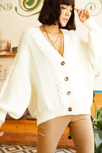 Women's Ecru Cable Knit Cardigan - 5