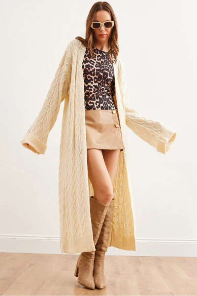 Women's Ecru Cable-Knit Cuff Foldover Maxi Cardigan SWTR-19000327 - Modazone