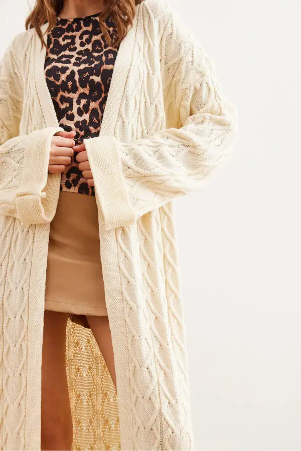 Women's Ecru Cable-Knit Cuff Foldover Maxi Cardigan SWTR-19000327 - 6