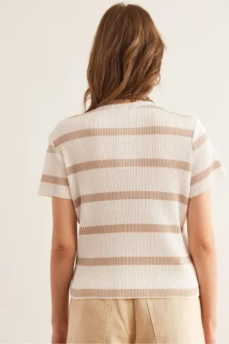 Women's Ecru Camel Crew Neck Striped Pleated Blouse - 2