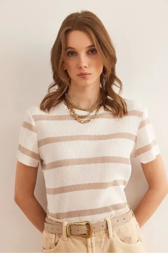 Women's Ecru Camel Crew Neck Striped Pleated Blouse - 3