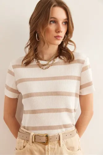 Women's Ecru Camel Crew Neck Striped Pleated Blouse - 4