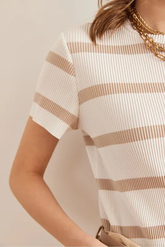 Women's Ecru Camel Crew Neck Striped Pleated Blouse - 5