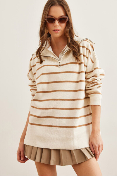 Women's Ecru Camel Zip High Neck Striped Oversized Knitted Sweater KZK-19000847 - OLALOOK