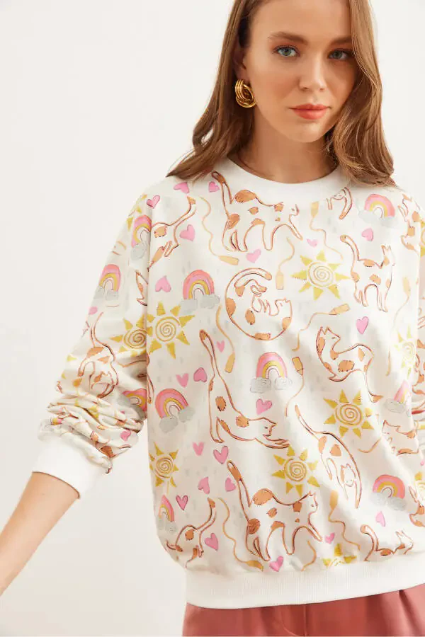 Women's Ecru Cat Basic Sweatshirt with Soft Texture SWT-19000457 - 1