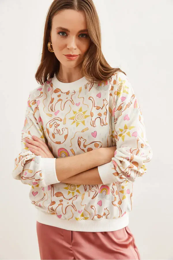 Women's Ecru Cat Basic Sweatshirt with Soft Texture SWT-19000457 - 4