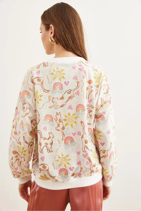 Women's Ecru Cat Basic Sweatshirt with Soft Texture SWT-19000457 - 5