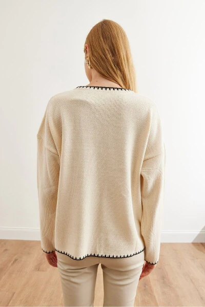 Women's Ecru Collar and Pocket Detail Knitted Sweater KZK-19000810 - 6