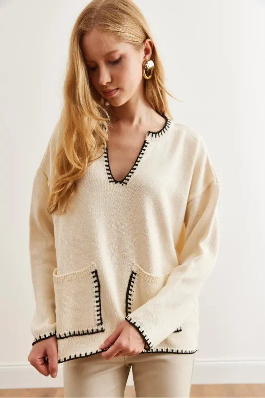 Women's Ecru Collar and Pocket Detail Knitted Sweater KZK-19000810 - 4