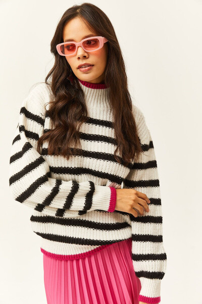 Women's Ecru Collar and Skirt Color Striped Knitted Sweater KZK-19000713 - OLALOOK