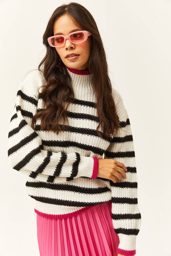Women's Ecru Collar and Skirt Color Striped Knitted Sweater KZK-19000713 - 1
