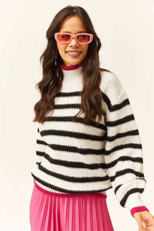 Women's Ecru Collar and Skirt Color Striped Knitted Sweater KZK-19000713 - 4