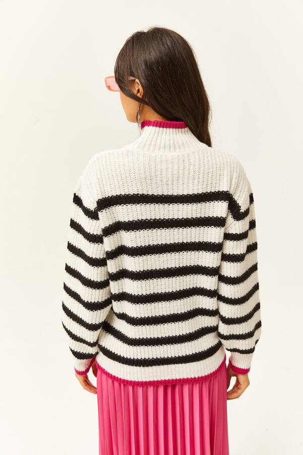 Women's Ecru Collar and Skirt Color Striped Knitted Sweater KZK-19000713 - 5