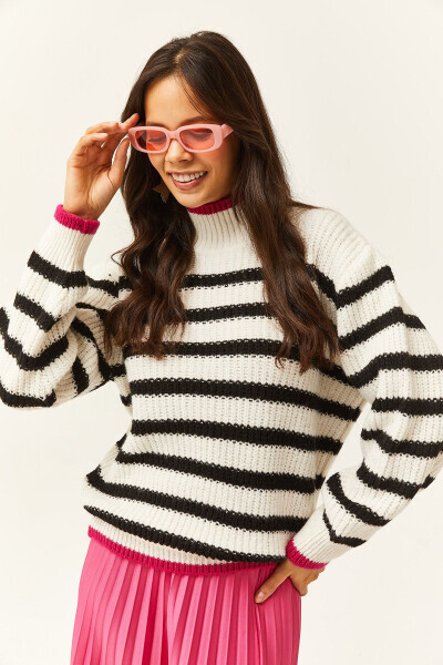 Women's Ecru Collar and Skirt Color Striped Knitted Sweater KZK-19000713 - OLALOOK (1)