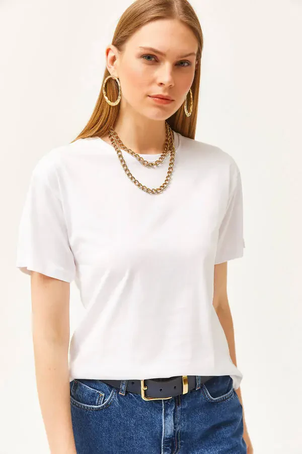 Women's Ecru Crew Neck Basic T-Shirt TSH-19000774 - 1