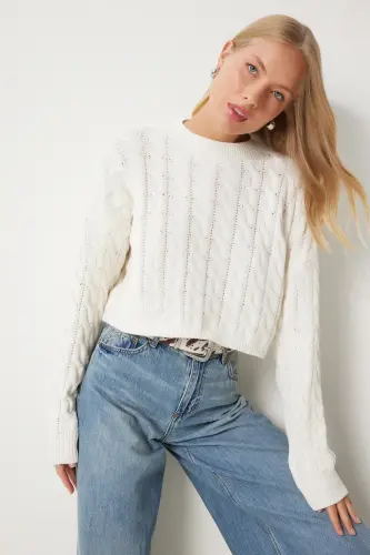Women's Ecru Crew Neck Knitted Motif Knitwear Sweater MX00169-Ecru - 3