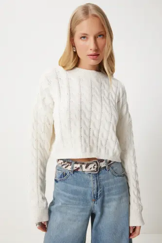 Women's Ecru Crew Neck Knitted Motif Knitwear Sweater MX00169-Ecru - 4