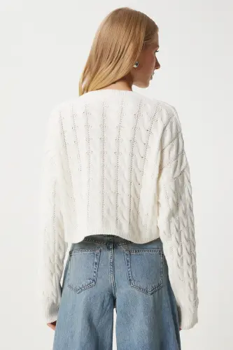 Women's Ecru Crew Neck Knitted Motif Knitwear Sweater MX00169-Ecru - 6