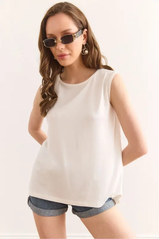 Women's Ecru Crew Neck Long Sleeveless Knitted Viscose B - 1