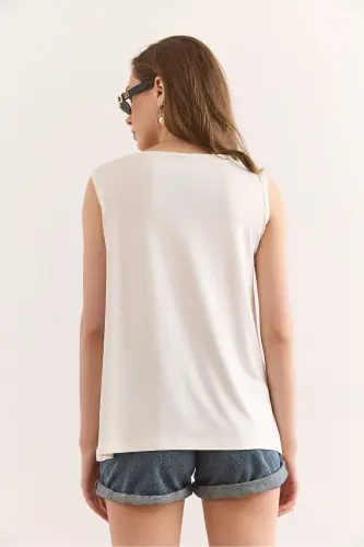 Women's Ecru Crew Neck Long Sleeveless Knitted Viscose B - 2