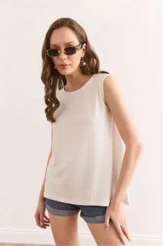 Women's Ecru Crew Neck Long Sleeveless Knitted Viscose B - 3