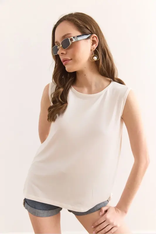 Women's Ecru Crew Neck Long Sleeveless Knitted Viscose B - 4