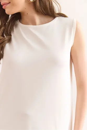 Women's Ecru Crew Neck Long Sleeveless Knitted Viscose B - 5