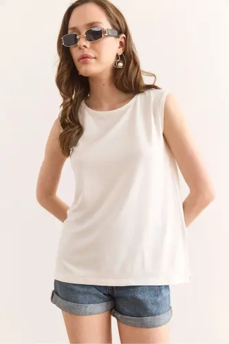 Women's Ecru Crew Neck Long Sleeveless Knitted Viscose B - 6