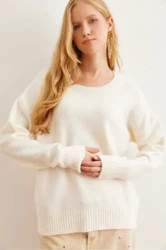 Women's Ecru Crew Neck Soft Textured Knit Sweater KZK-19000807-Ecru 