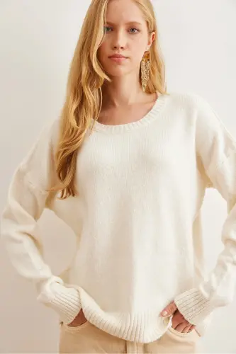 Women's Ecru Crew Neck Soft Textured Knit Sweater KZK-19000807-Ecru - 3