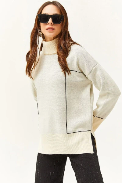 Women's Ecru Crew Neck Striped Detail Knitted Sweater KZK-19000791 - OLALOOK