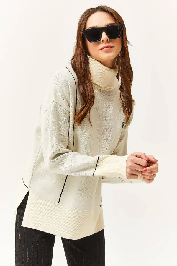 Women's Ecru Crew Neck Striped Detail Knitted Sweater KZK-19000791 - 2