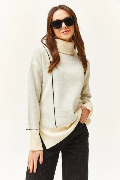 Women's Ecru Crew Neck Striped Detail Knitted Sweater KZK-19000791 - 3