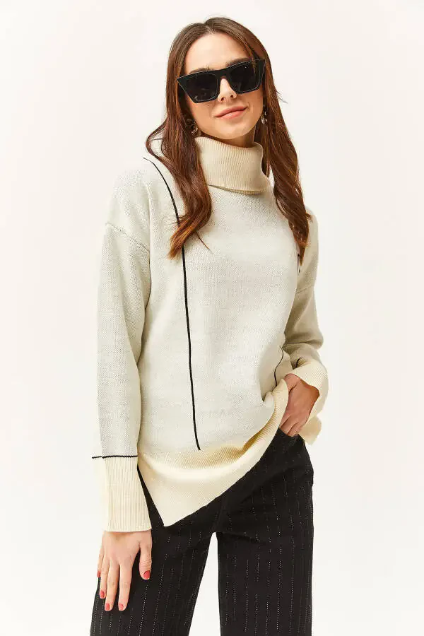 Women's Ecru Crew Neck Striped Detail Knitted Sweater KZK-19000791 - 3