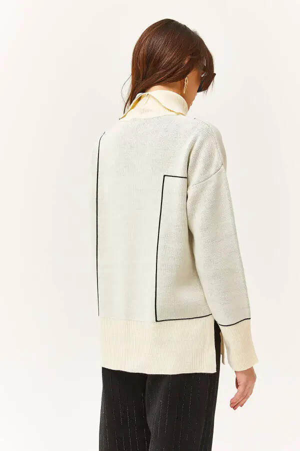 Women's Ecru Crew Neck Striped Detail Knitted Sweater KZK-19000791 - 6