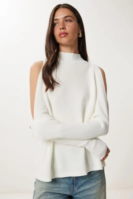 Women's Ecru Cut Out Detailed Oversize Knitted Sweater AS - 2