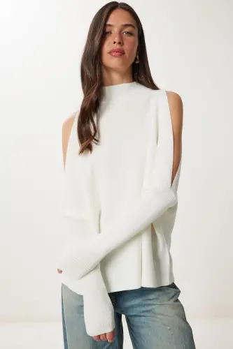 Women's Ecru Cut Out Detailed Oversize Knitted Sweater AS - 3