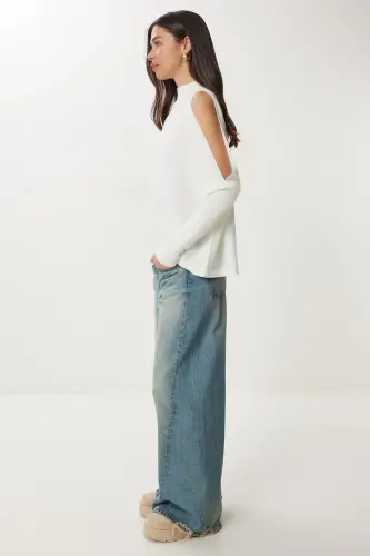 Women's Ecru Cut Out Detailed Oversize Knitted Sweater AS - 4