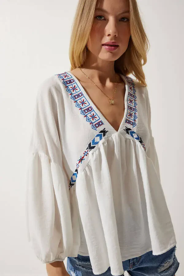 Women's Ecru Deep V-Neck Flounced Embroidered Linen Blouse - 1