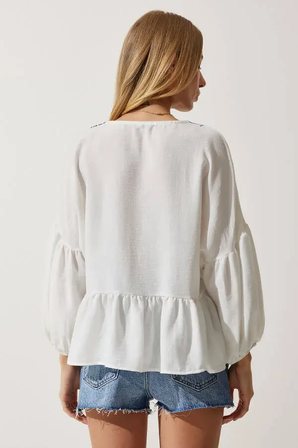 Women's Ecru Deep V-Neck Flounced Embroidered Linen Blouse - 6