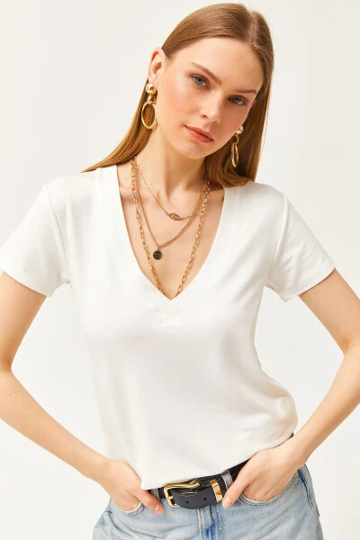 Women's Ecru Deep V-Neck Modal Buttoned T-Shirt TSH-19000773 - Modazone