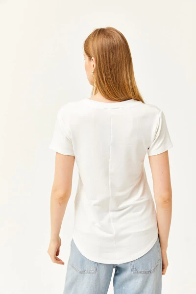 Women's Ecru Deep V-Neck Modal Buttoned T-Shirt TSH-19000773 - Modazone (1)