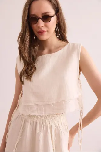 Women's Ecru Double Layer Dirty Stitch Lace-up Detailed Muslim - OLALOOK (1)