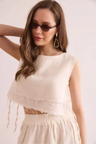 Women's Ecru Double Layer Dirty Stitch Lace-up Detailed Muslim - 3