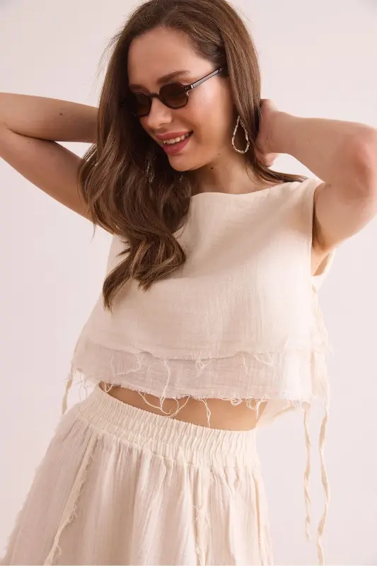 Women's Ecru Double Layer Dirty Stitch Lace-up Detailed Muslim - 4