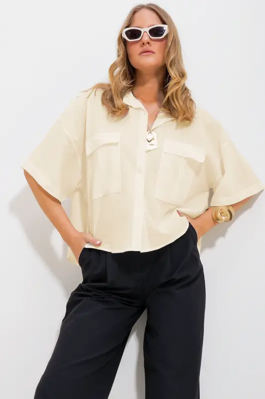 Women's Ecru Double Pocket Short Sleeve Linen Shirt ALC-X9991-EKRU - 1