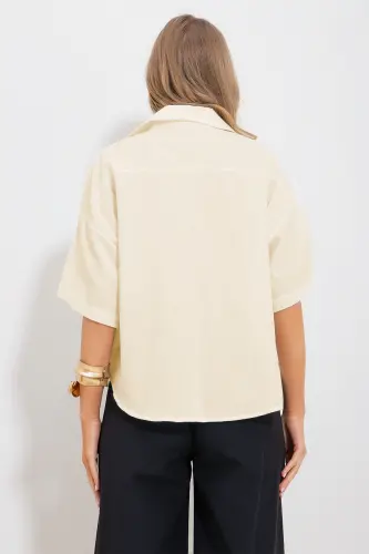 Women's Ecru Double Pocket Short Sleeve Linen Shirt ALC-X9991-EKRU - 5