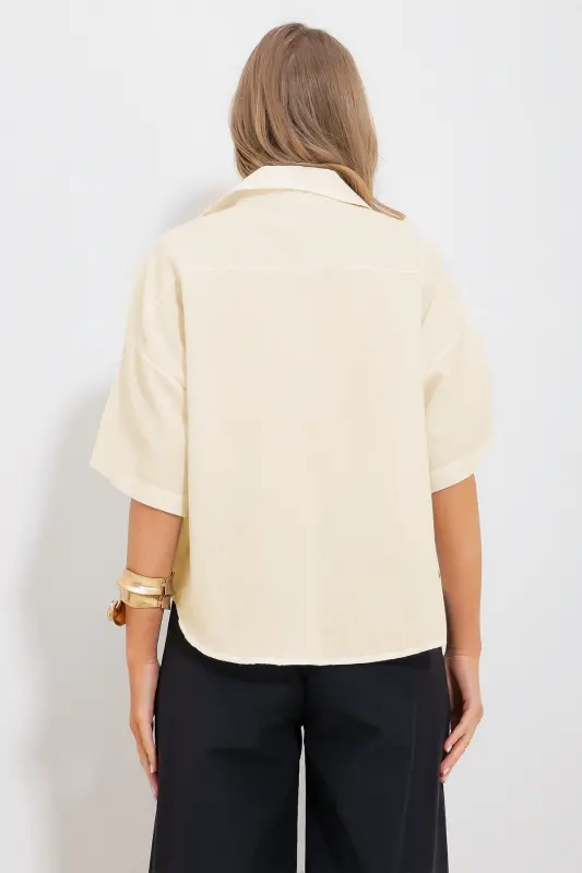 Women's Ecru Double Pocket Short Sleeve Linen Shirt ALC-X9991-EKRU - 5