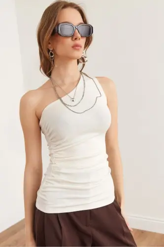 Women's Ecru Draped Detailed One Shoulder Soft Touch Flexible - 1