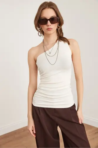 Women's Ecru Draped Detailed One Shoulder Soft Touch Flexible - 2